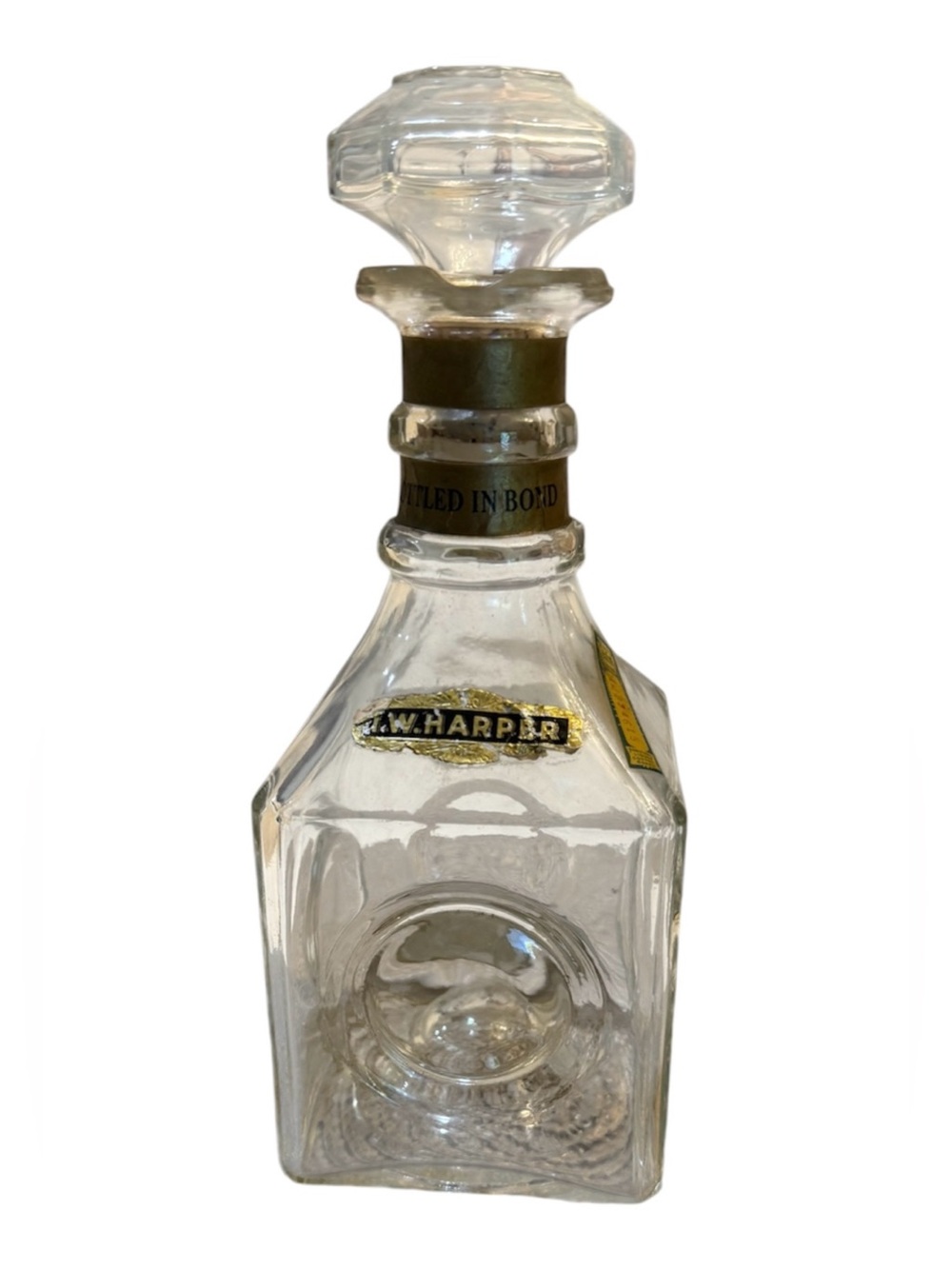 Vintage I.W. Harper Clear Glass Decanter with Gold Accent Label